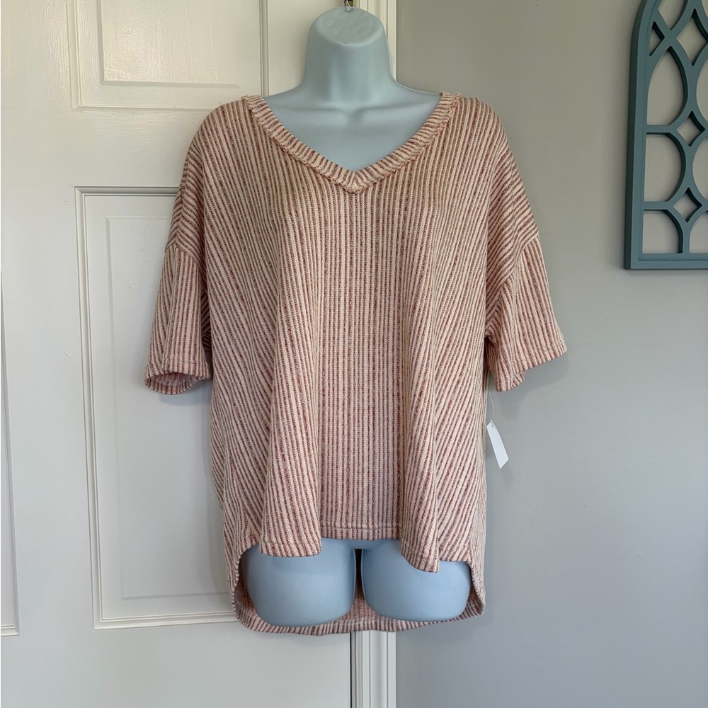 Relaxed V-Neck Short Sleeve Top in Blush Stripe - Picture 1 of 5